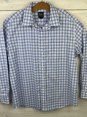Jos A Bank Traveler Blue White Check Long Sleeve Mens Button-up Shirt